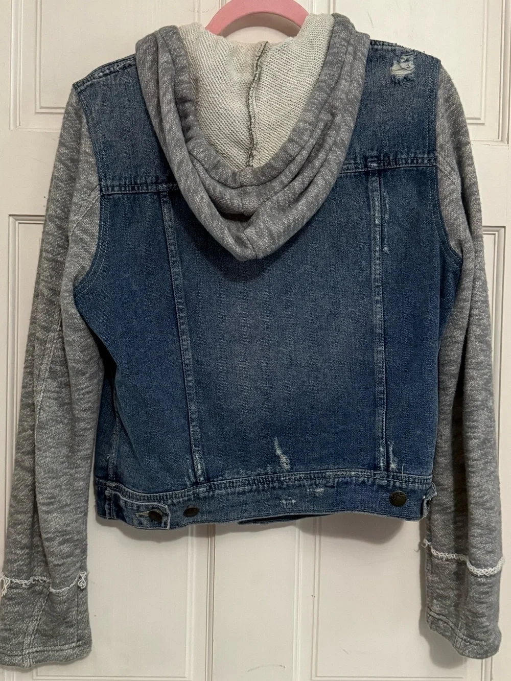 Free People Blue Denim Jacket with Gray Knit Hoodie and Sleeves - Picture 3 of 6